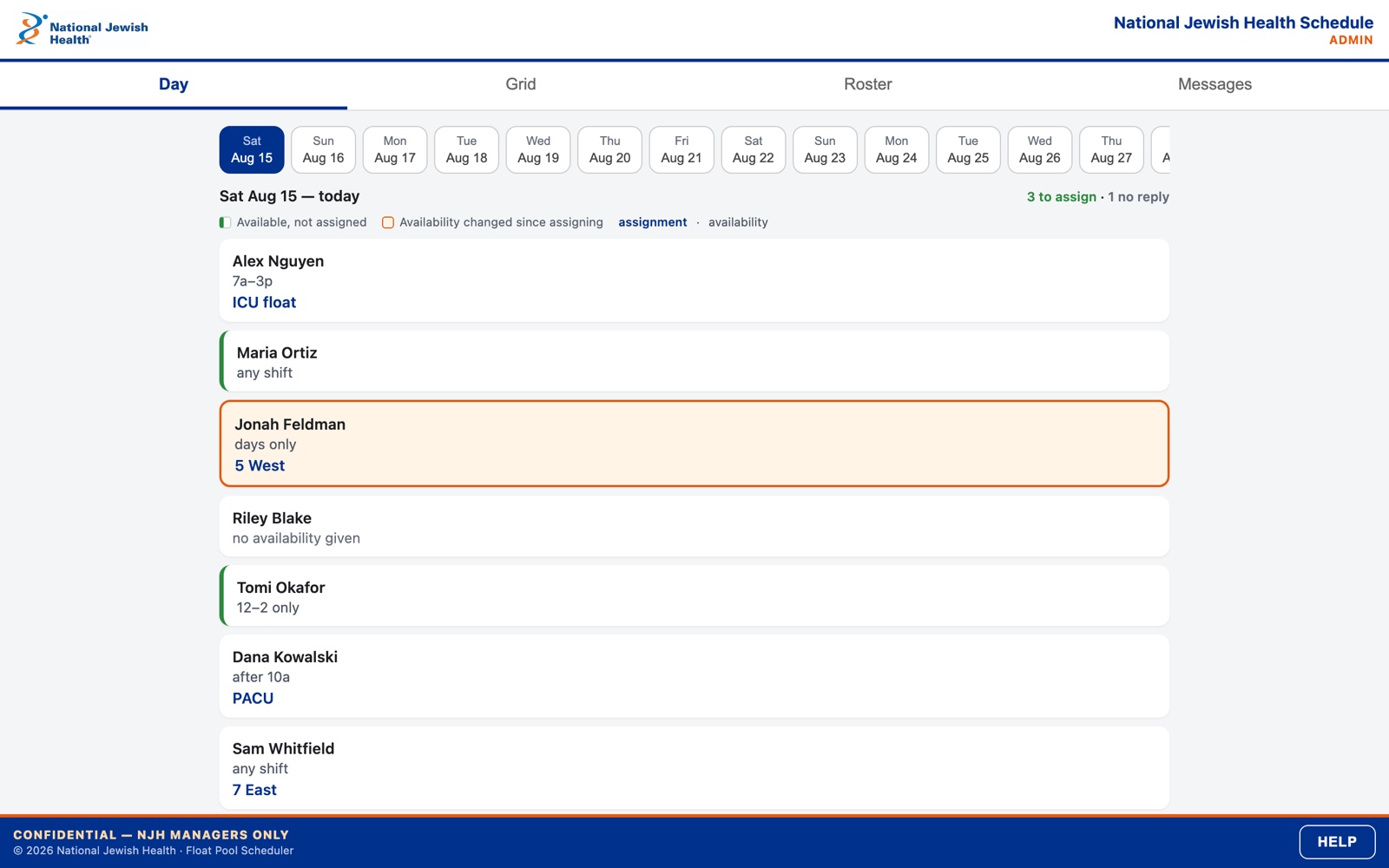 Float pool admin day view: a date strip, a to-assign and no-reply count, and rows of staff with availability, assignment, and color-coded status.