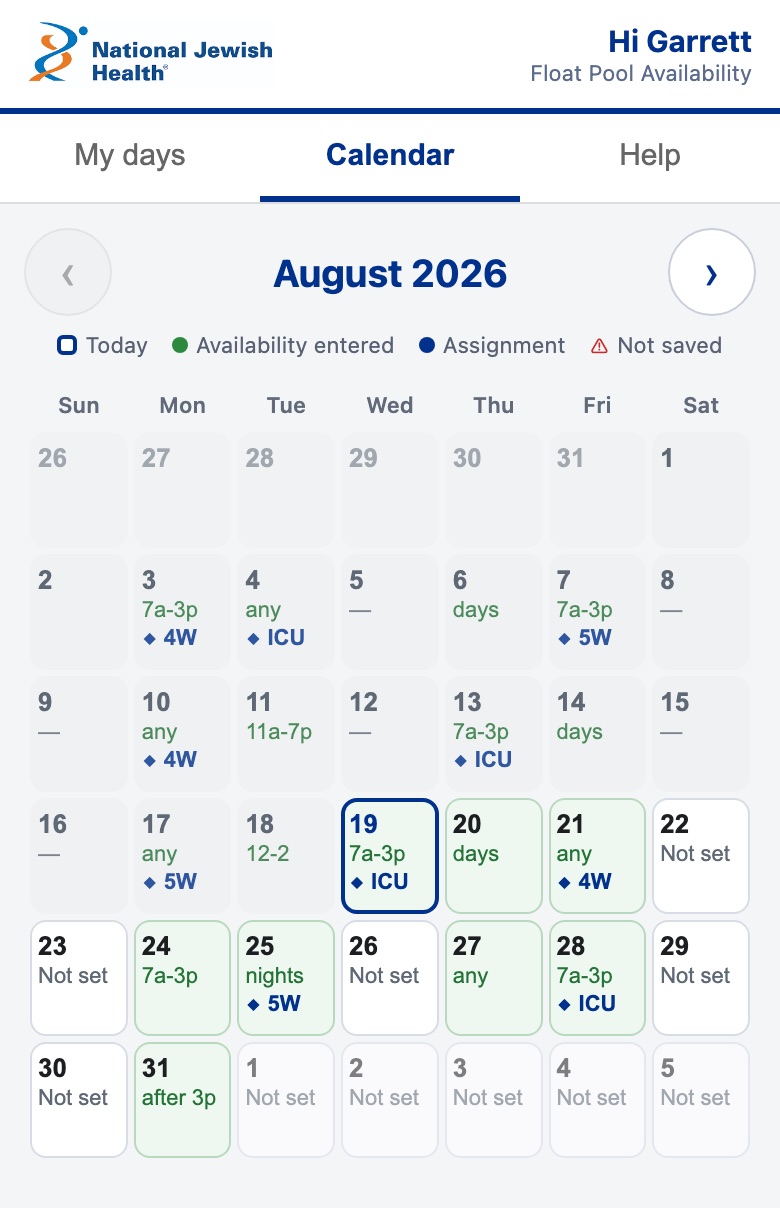 Float pool staff calendar on a phone: an August month grid, each day showing typed availability in green and an assigned unit in blue.