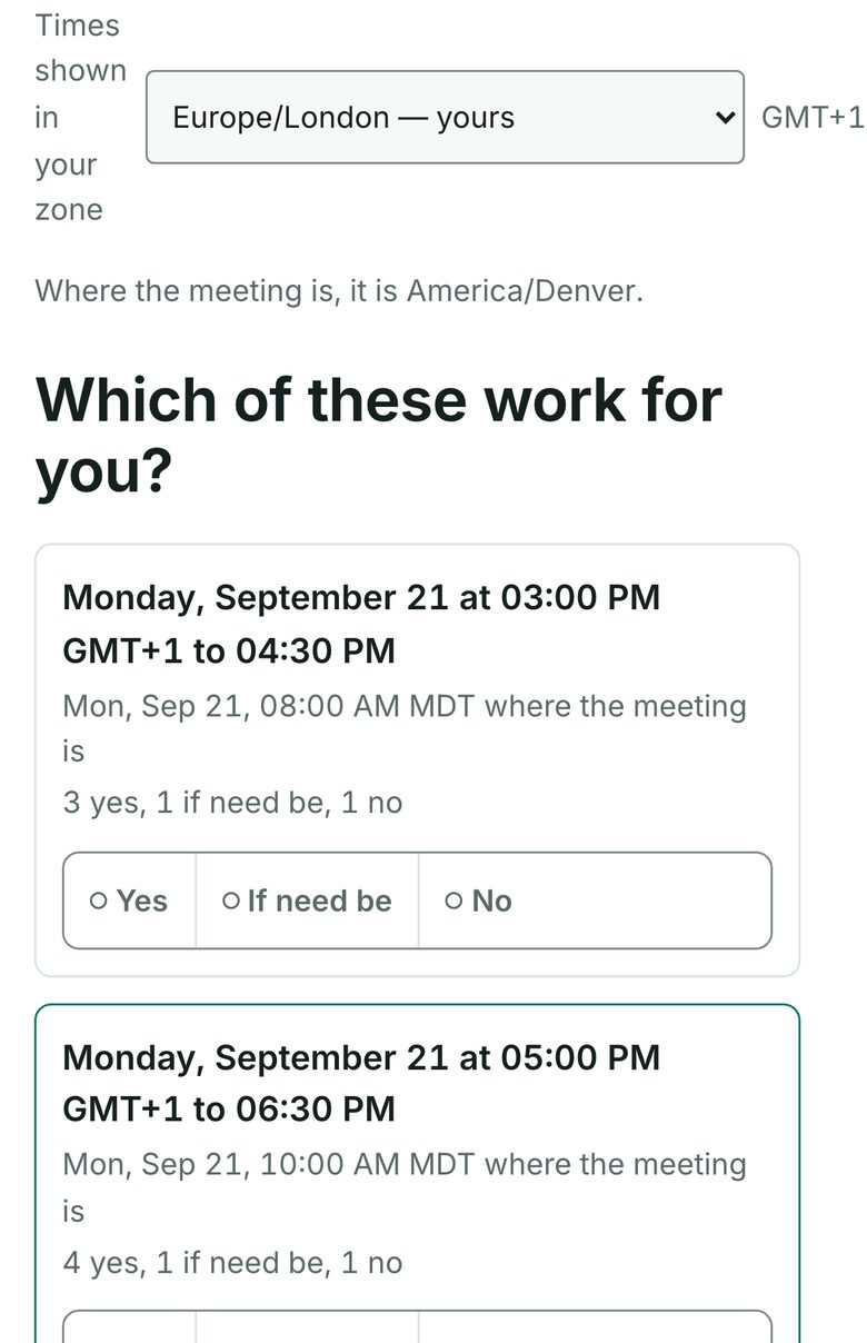 A SignUpCity scheduling poll on a phone: proposed times shown in London time with the Denver equivalent beneath, and yes, if-need-be, and no options for each.