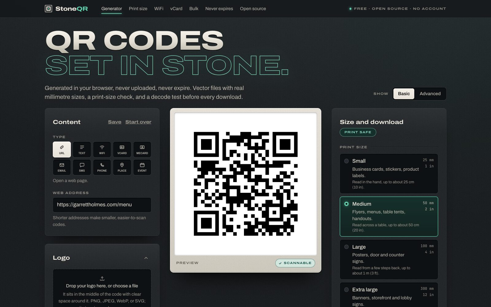 StoneQR generator page: a live QR code preview beside payload fields and export controls for SVG, PDF, EPS, and PNG.
