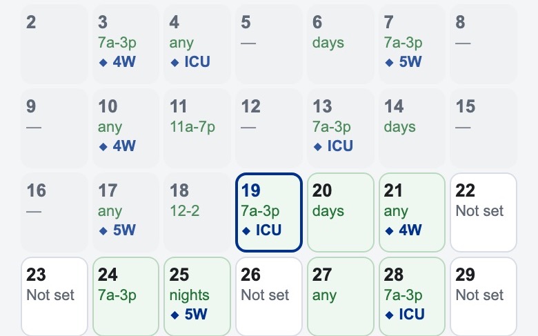The staff calendar: four weeks of August, each day showing typed availability in green and an assigned unit in blue.