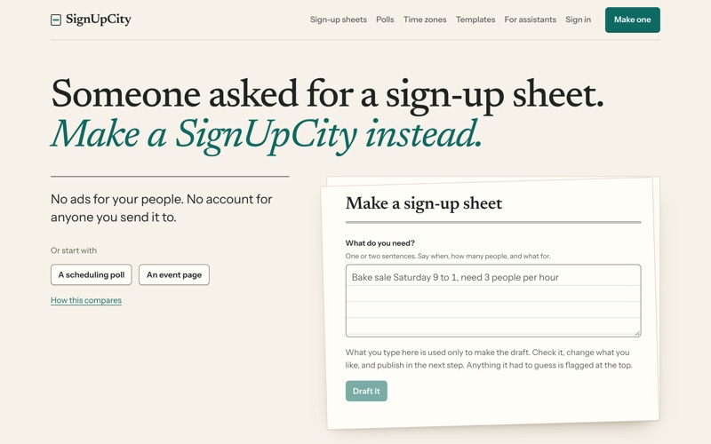 The SignUpCity home page: “Someone asked for a sign-up sheet. Make a SignUpCity instead.”, with the box where an organizer describes the sheet they need.